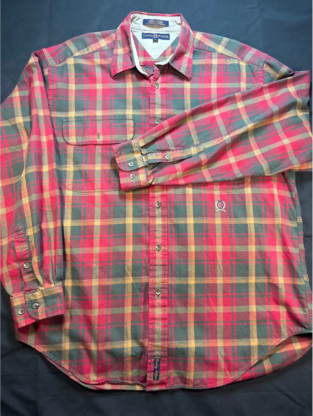 Vintage 90s Tommy Hilfiger XL Tartan Plaid Shirt Crest Logo Cotton